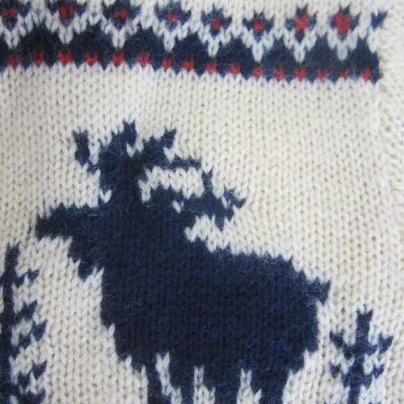 J Crew Womens Small Ivory Red Navy Reindeer Wool LS Sweater Crew Neck Hand Knit - Picture 5 of 11